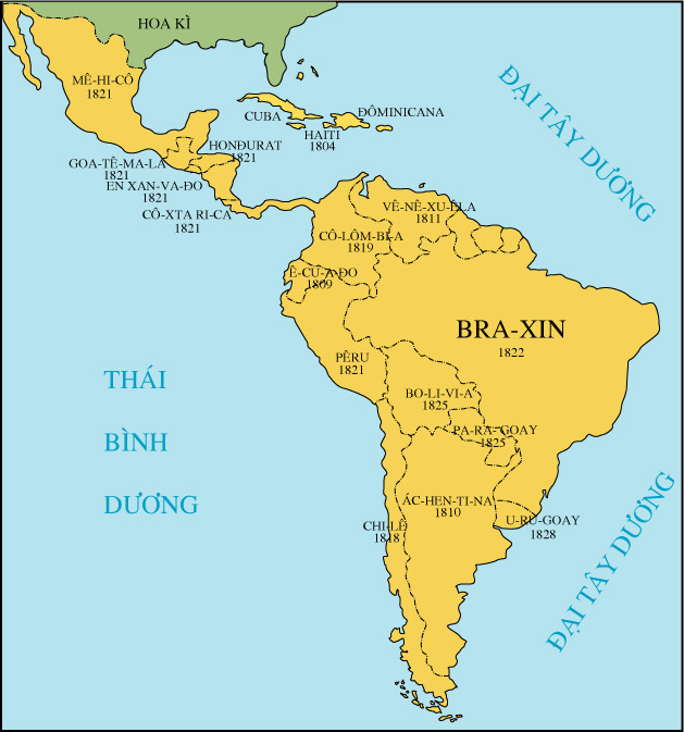 Hình 2: Lược đồ khu vực Mĩ Latinh đầu thế kỉ XIX