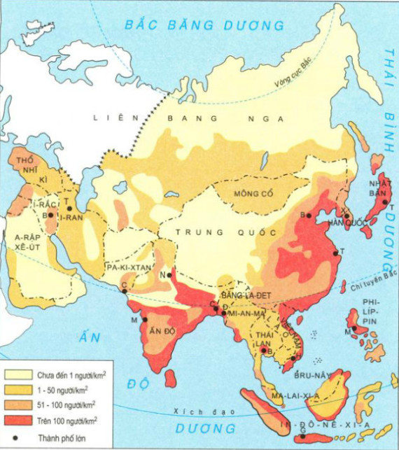 Hình 6.1. Lược đồ mật độ dân số và những thành phố lớn châu Á