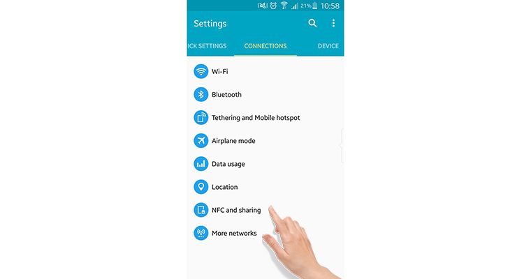 Trong mục Connections chọn NFC and Sharing
