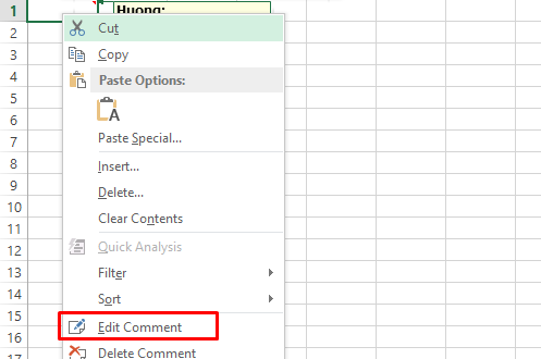 Chỉnh sửa chú thích cho ô trong Excel