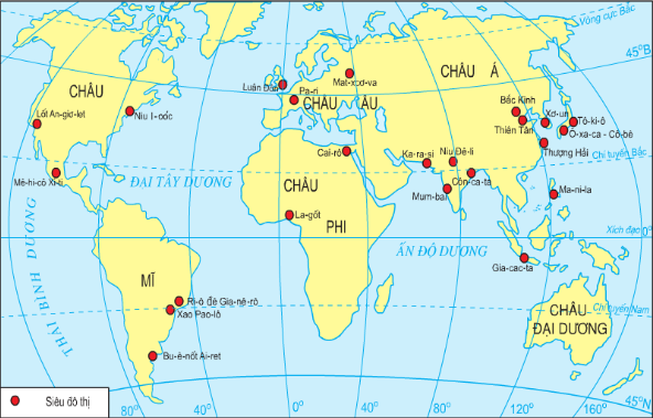 Lược đồ các siêu đô thị trên thế giới có từ 8 triệu dân trở lên (năm 2000)