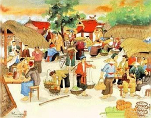 Hình ảnh chợ làng thời Trần (tranh vẽ)