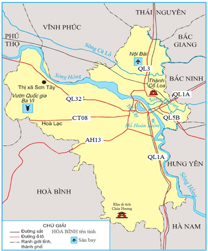 Lược đồ các con sông, các tuyến đường sắt và đường ô tô chính của Hà Nội