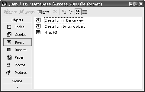 Hình 1. Cửa sổ CSDL QuanLi_HS với trang biểu mẫu