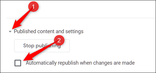 Bỏ chọn Automatically Republish When Changes Are Made