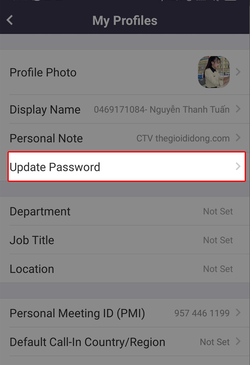 Nhấn vào Update Password