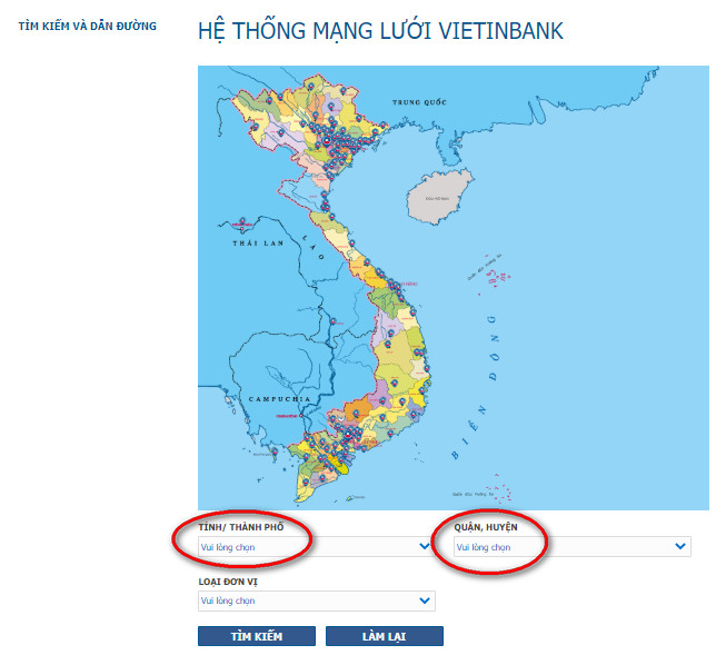 Tìm cây ATM trên web của ngân hàng Vietinbank
