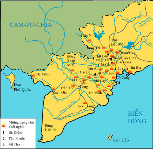 Lược đồ những địa điểm nổ ra khởi nghĩa ở Nam Kì (1860 - 1875)