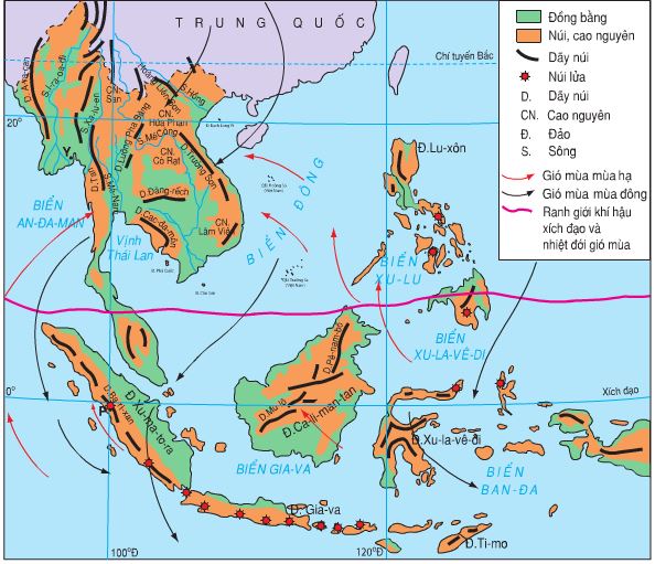 Lược đồ địa hình và hướng gió ở Đông Nam Á
