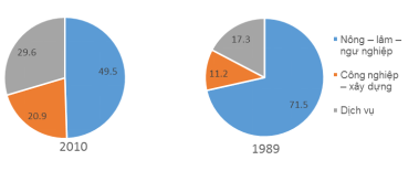 Biểu đồ thể hiện cơ cấu lao động theo các ngành ở nước ta, năm 1989 và năm 2010