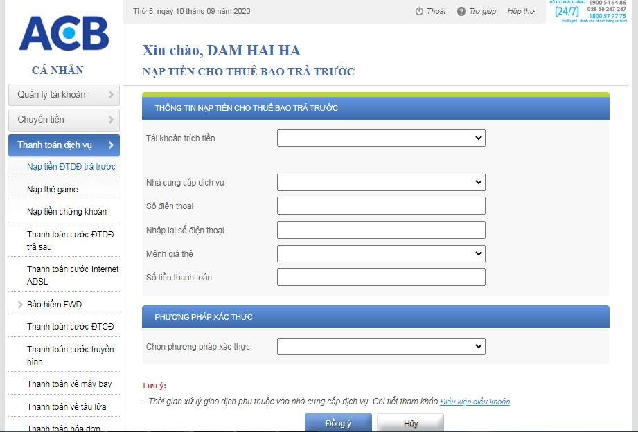 Form thông tin nạp thẻ trên ACB online