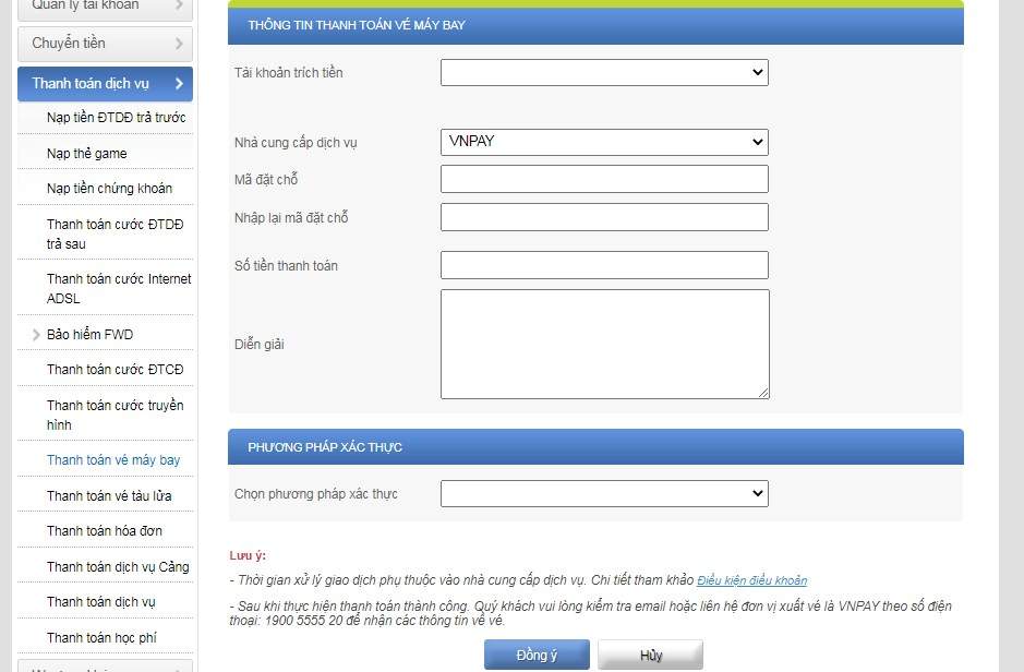 Form thông tin thanh toán vé máy bay trên ACB online